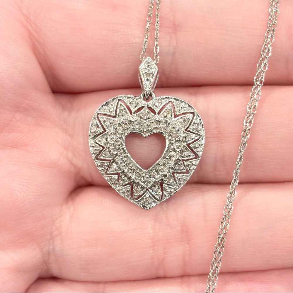10K Diamond Heart Necklace, Dainty Filigree, Lavalier Style, White Gold, ADL - Picture 3 of 12